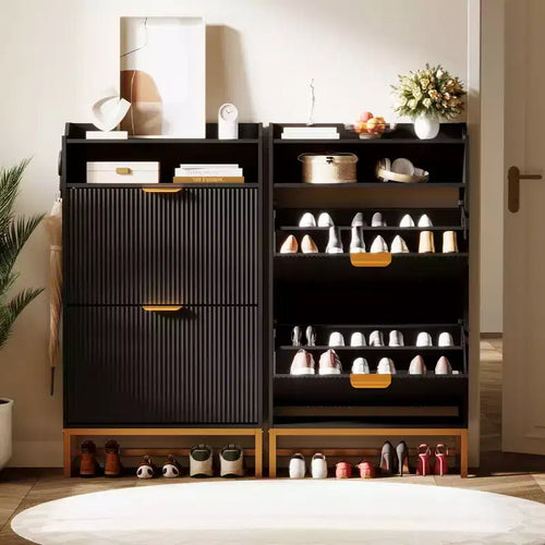 2 Flip Drawers, Shoe Storage Cabinet Freestanding Fluted Shoe Shoe Rack Cabinet for Entryway,