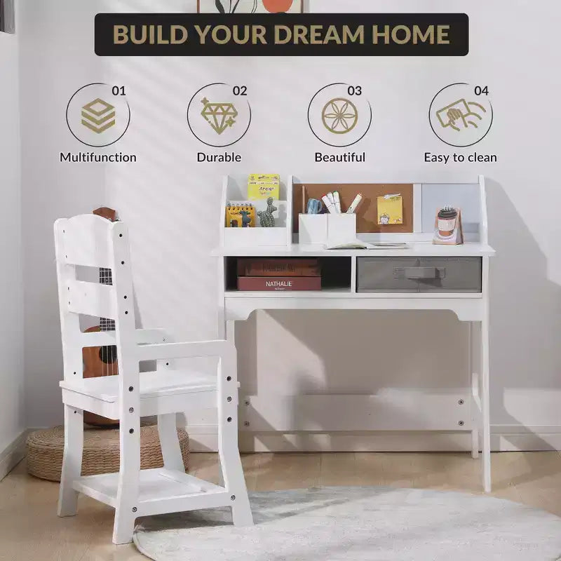 Children's study desk with adjustable chair, compact desk and chair set, suitable for student homework desk, bedroom