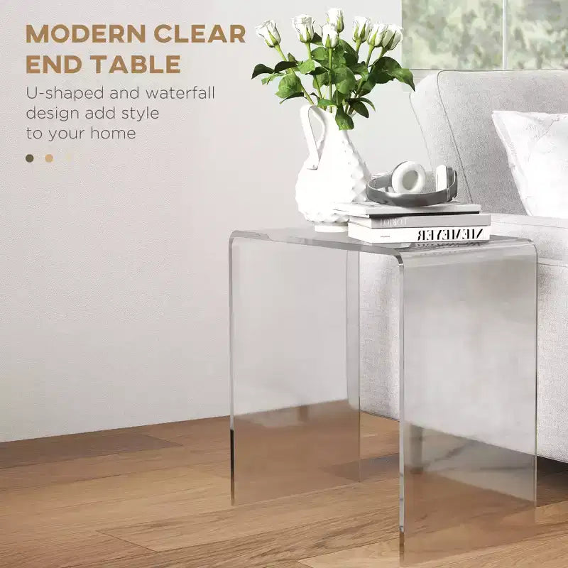 Modern Acrylic End Table, Waterfall Side Table with Rounded Edges and Storage for Small Spaces, 21 x 12 x 21