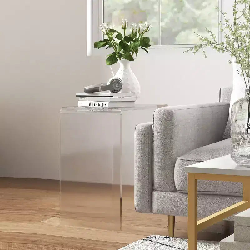 Modern Acrylic End Table, Waterfall Side Table with Rounded Edges and Storage for Small Spaces, 21 x 12 x 21