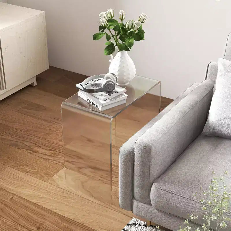 Modern Acrylic End Table, Waterfall Side Table with Rounded Edges and Storage for Small Spaces, 21 x 12 x 21