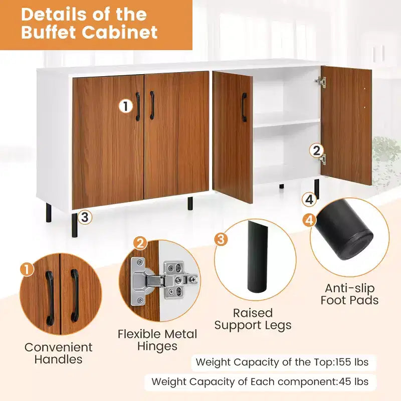 Costway Buffet Server Sideboard Kitchen Storage Cabinet Cupboard with Shelves & 4 Doors